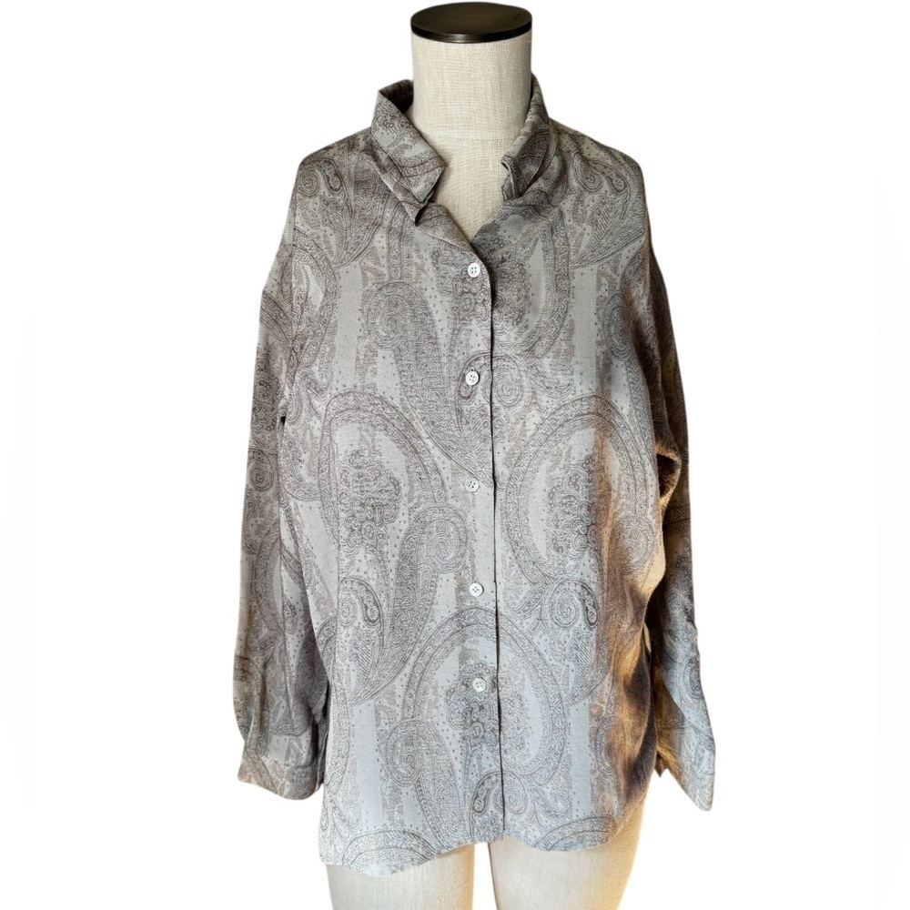 Burberry Women’s Vintage 90’s Sheer Classic Preppy Gray Paisley Blouse Sz 8P